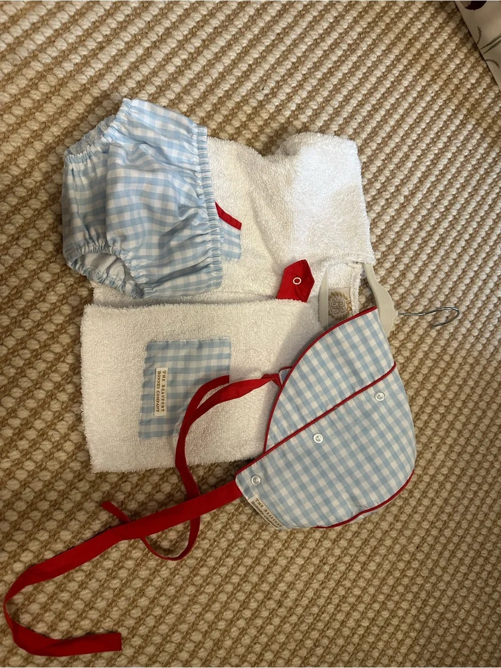 The Beaufort Bonnet Company Blue Gingham Bib & Bloomers Set with Red Trim